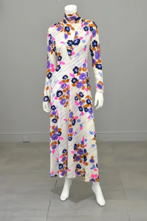 1970s Flower Power Maxi Jersey Dress