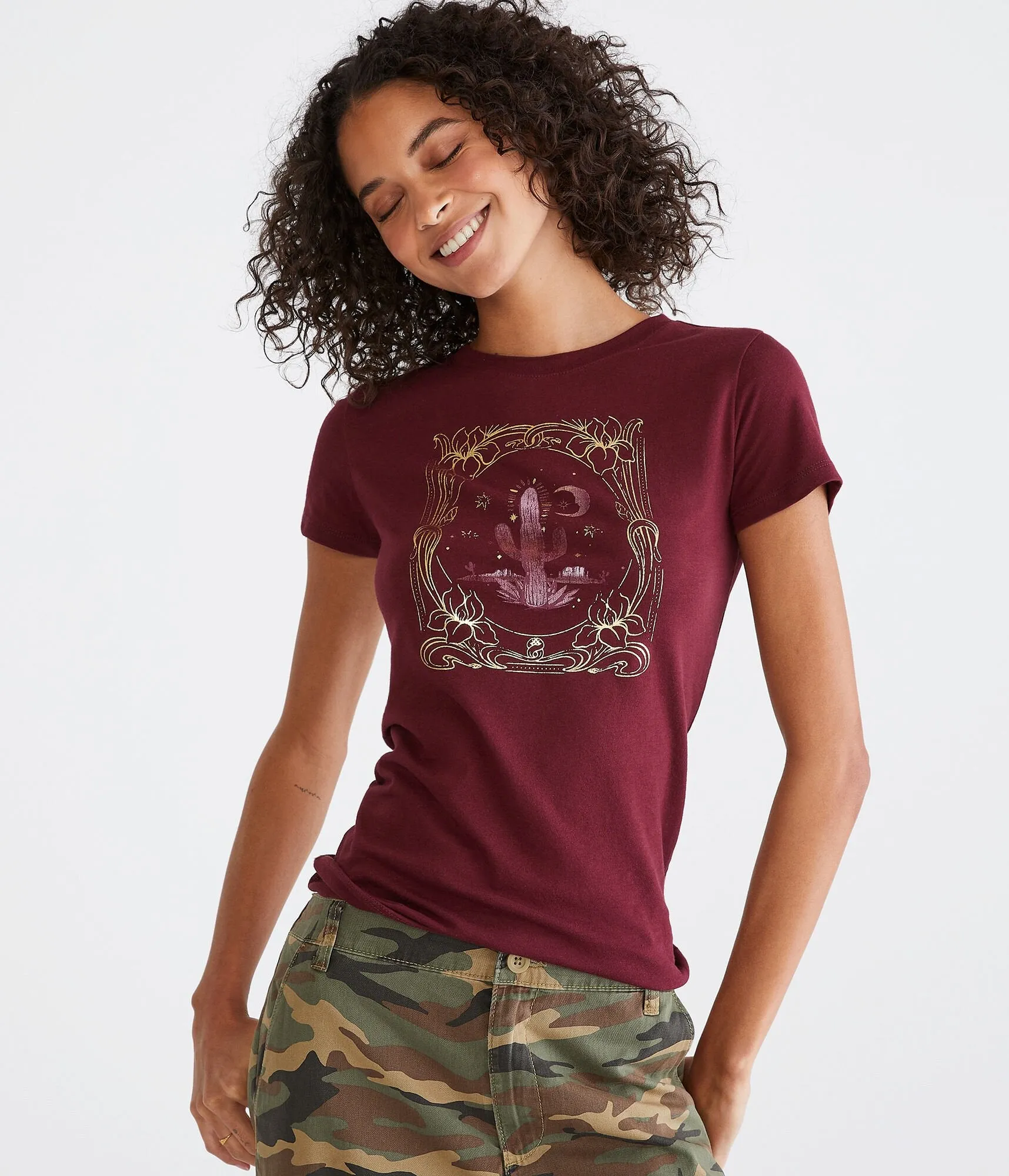 Aeropostale Womens' Cactus Nights Foil Graphic Tee - Dark Red - Size XS - Cotton - Teen Fashion & Clothing Red Melody