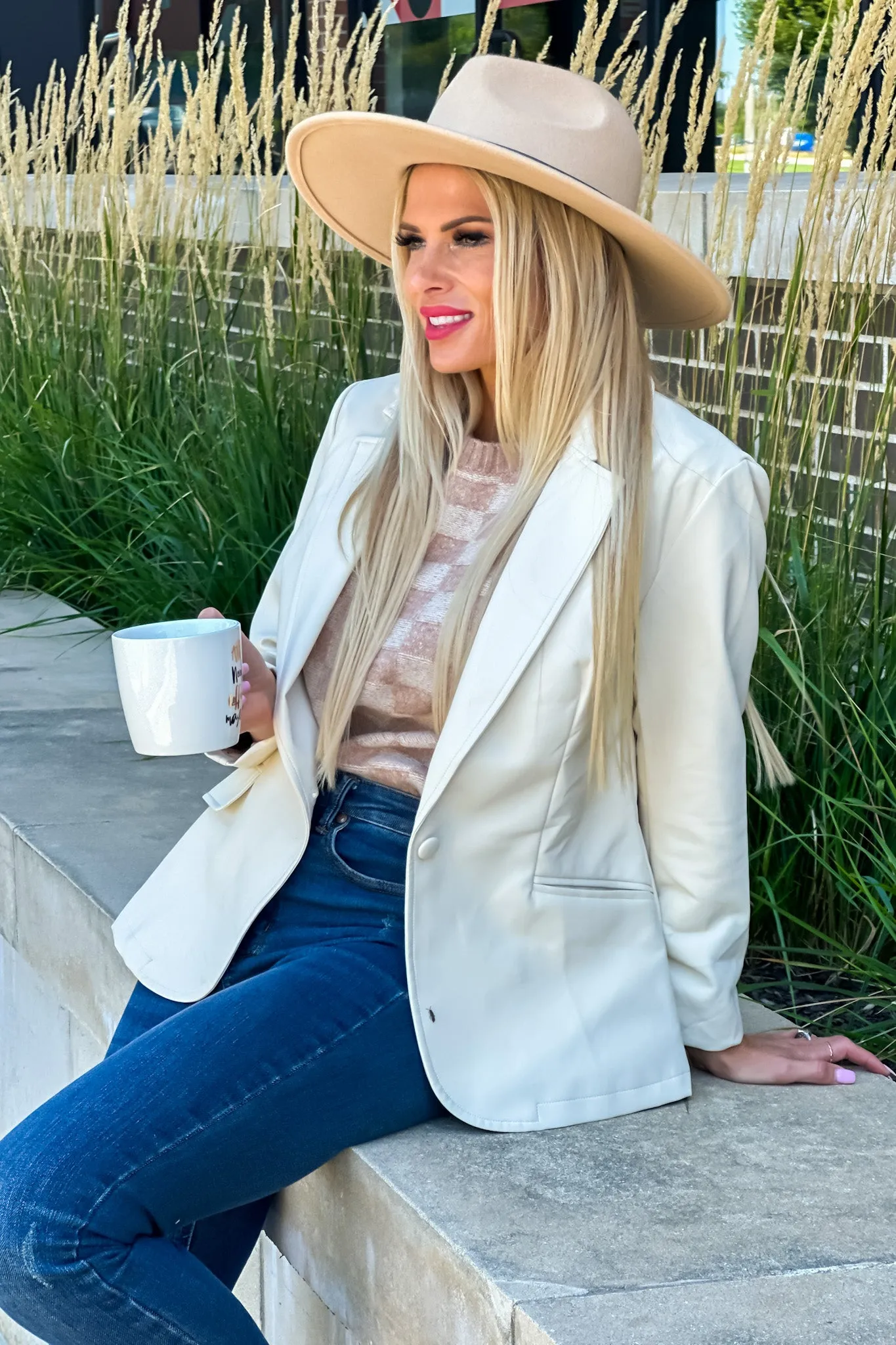 All For You Ruched Sleeve Faux Leather Blazer : Ecru