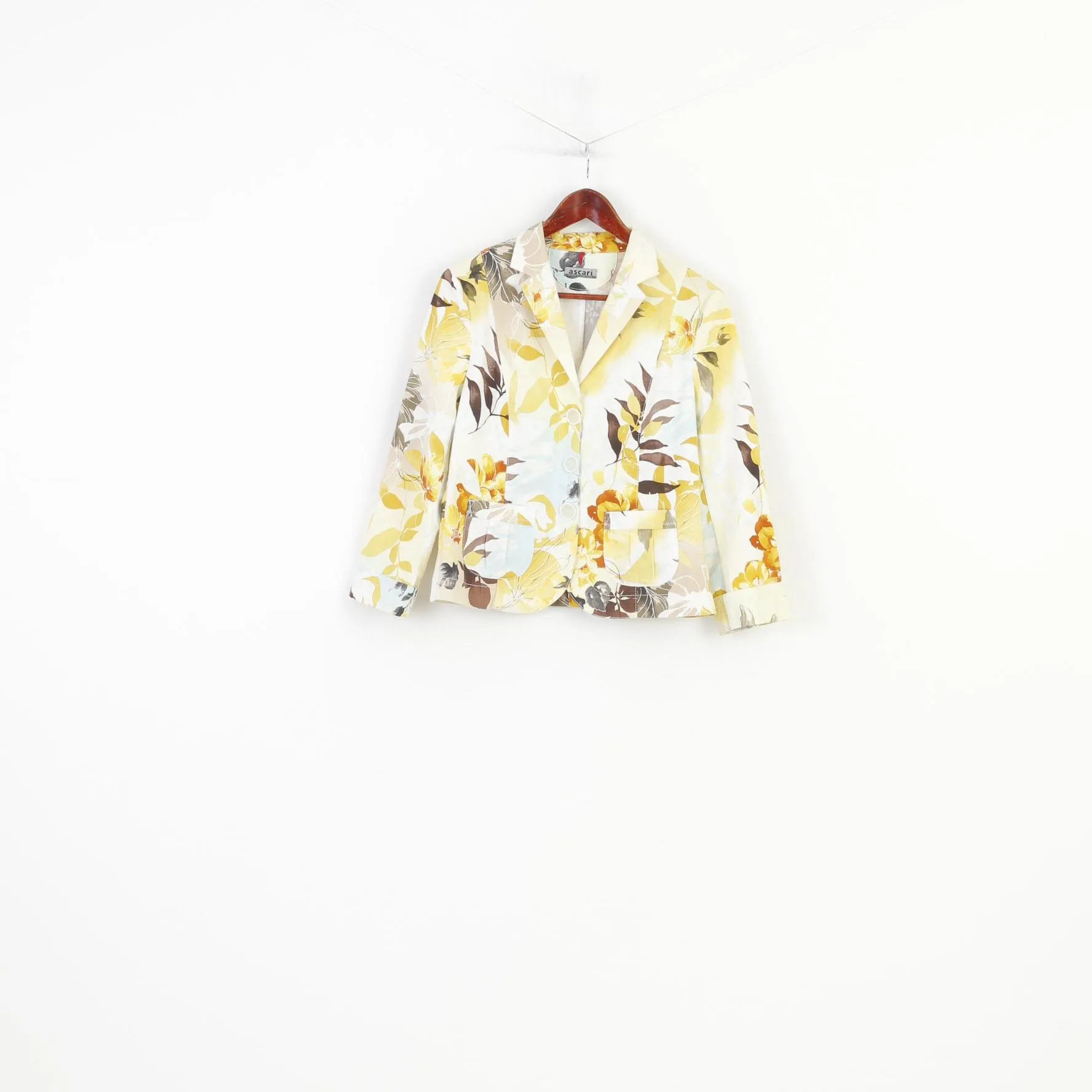 Ascari Women 38 M Blazer Flowers Print Pockets Yellow Single Breasted Collar Bottoms Cotton Vintage Jacket