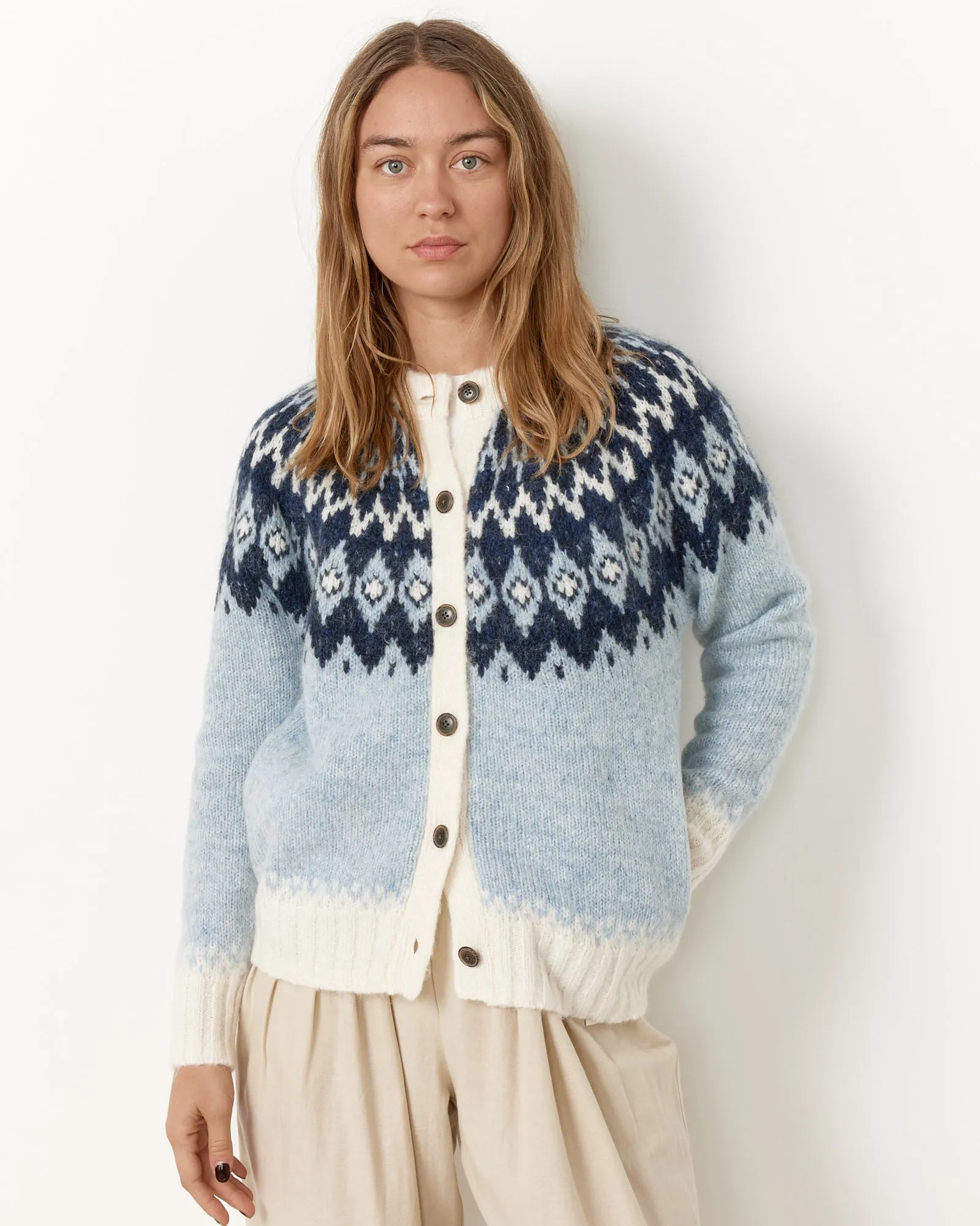 Frosty Blue Ashwood Fair Isle Cardigan with Elegant Patterns