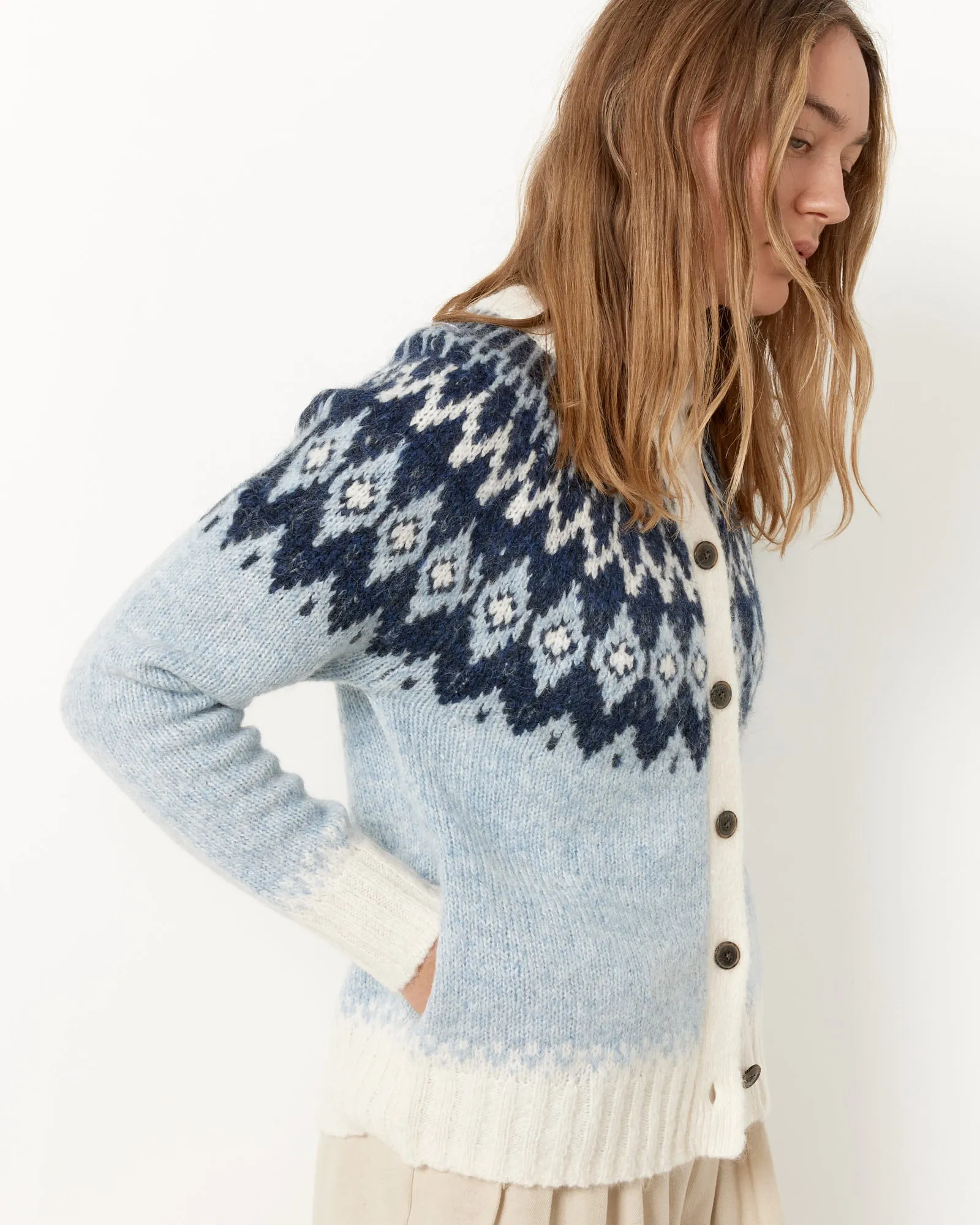 Frosty Blue Ashwood Fair Isle Cardigan with Elegant Patterns