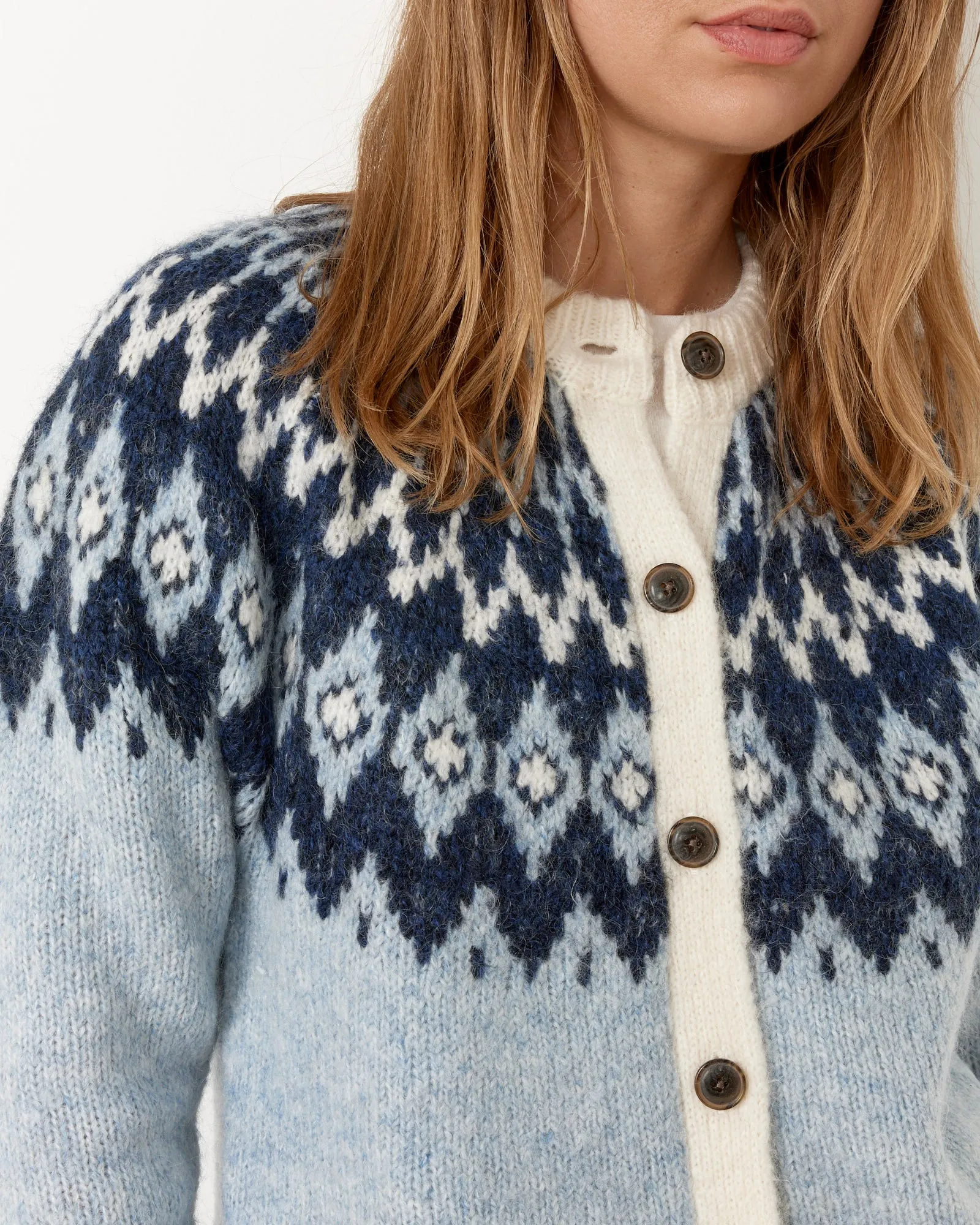 Frosty Blue Ashwood Fair Isle Cardigan with Elegant Patterns