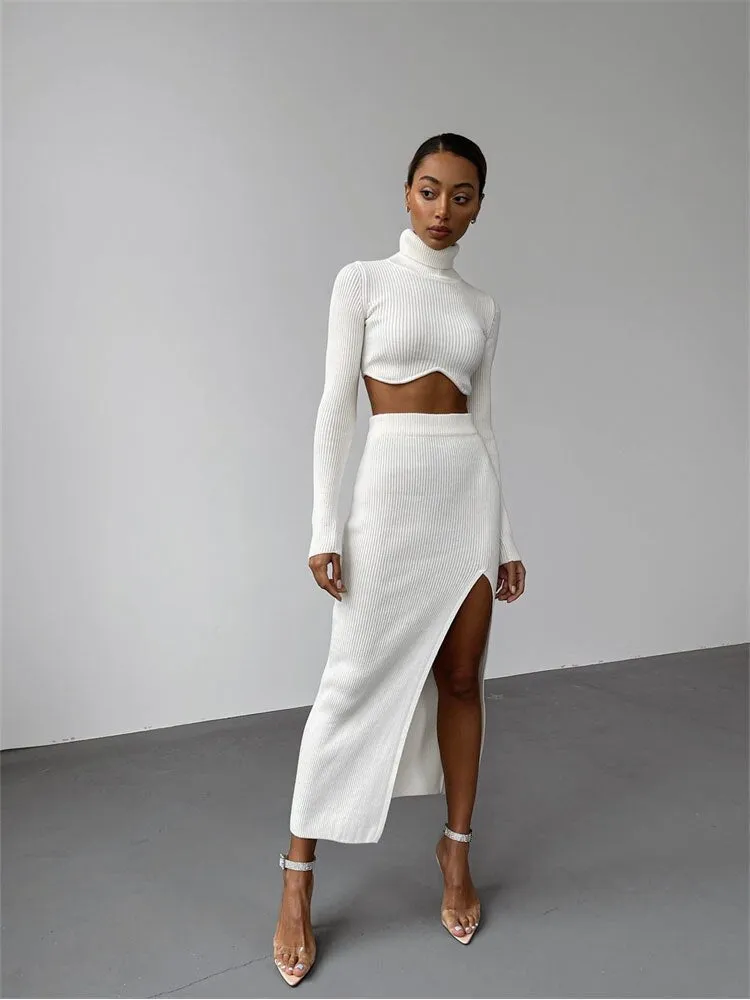 Autumn Sexy Solid Ribbed 2 Two Piece Sets Club Outfit For Women Long Sleeve O Neck Crop Top And Skirt Sets Female