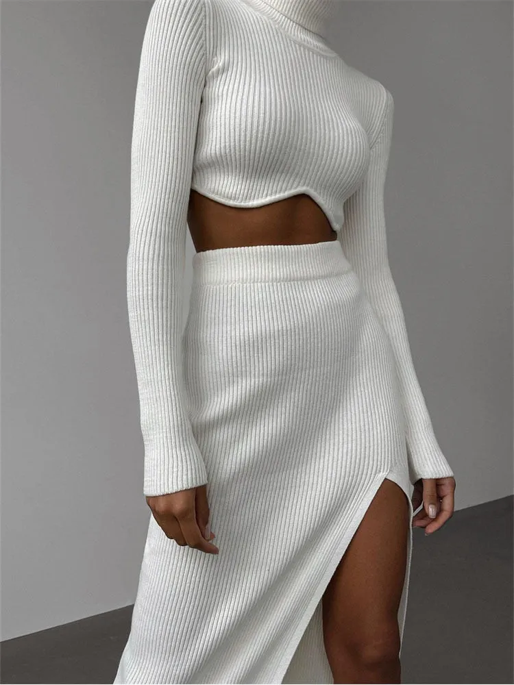 Autumn Sexy Solid Ribbed 2 Two Piece Sets Club Outfit For Women Long Sleeve O Neck Crop Top And Skirt Sets Female