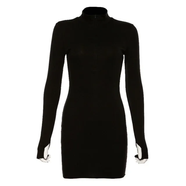 Autumn Winter Stretch Slim Soft Ribbed Knitted Turtleneck Dress Woman Fashion Solid Black Casual Bodycon Zip Dress