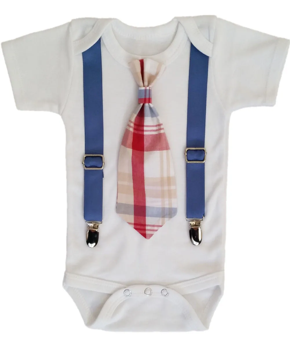 Baby Boy Outfits for Spring - Summer Baby Boy Clothes - Plaid - Preppy - Tie and Suspender Outfit - Blue - Burgundy - Tan - Cape Cod - Boat