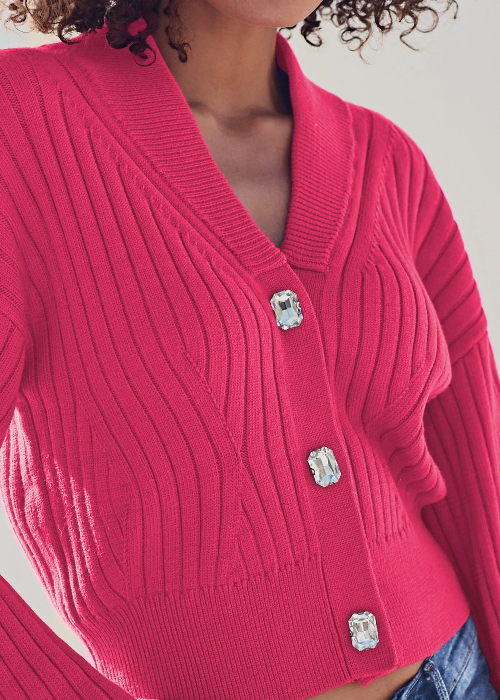 Bejeweled Button Cardigan  - Hot Pink