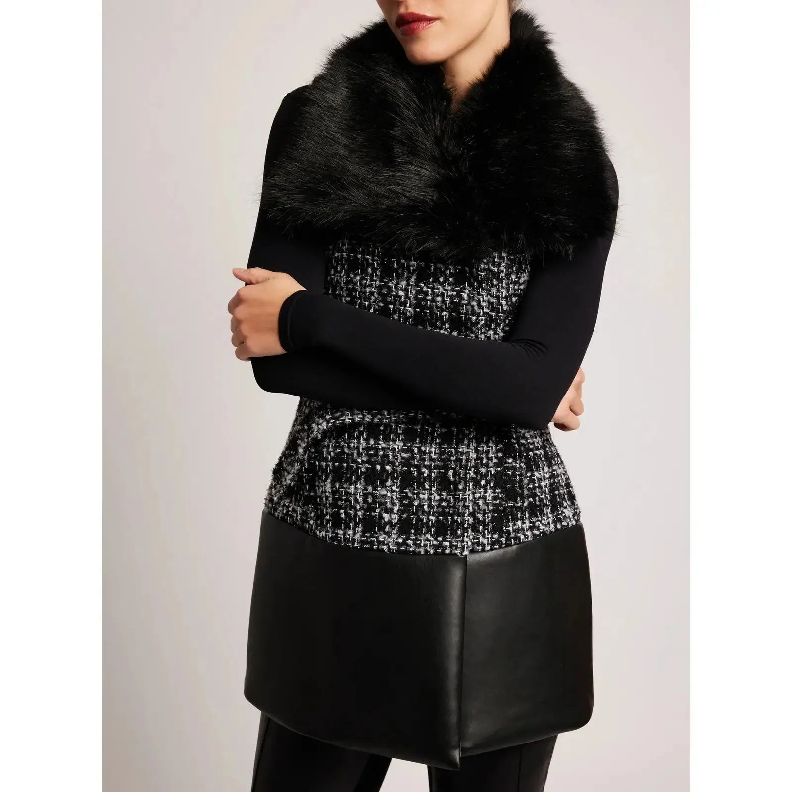 Blanc Noir Irina Boucle Faux Fur Collar Long Vest