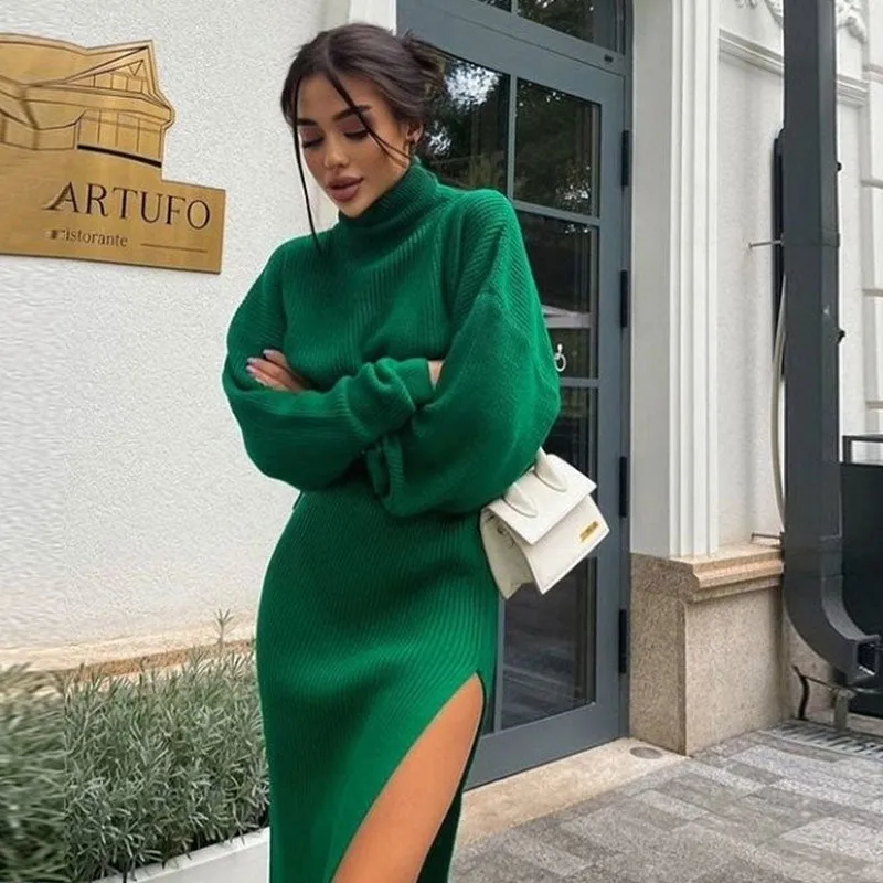 Cozy Knit Oversized Turtleneck Sweater and Slit Midi Skirt Matching Set