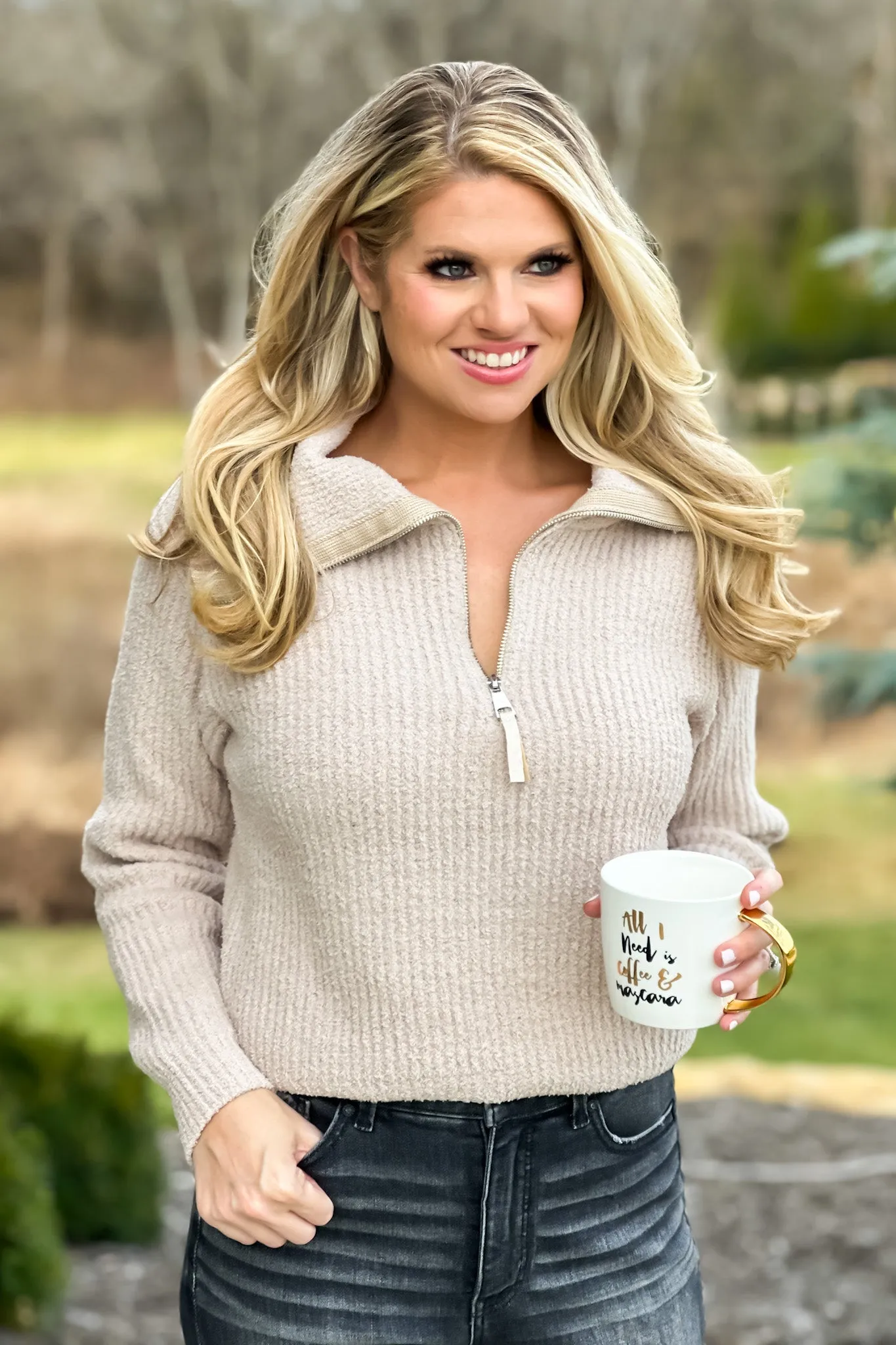 Cozy Up To You Plush Half Zip Pullover : Almond