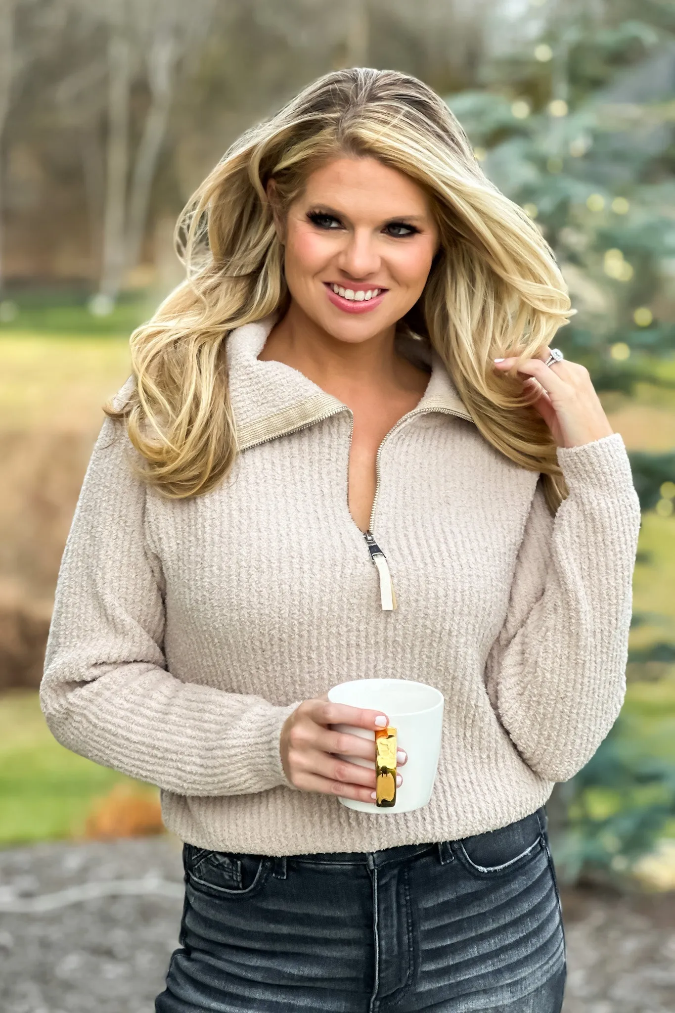 Cozy Up To You Plush Half Zip Pullover : Almond