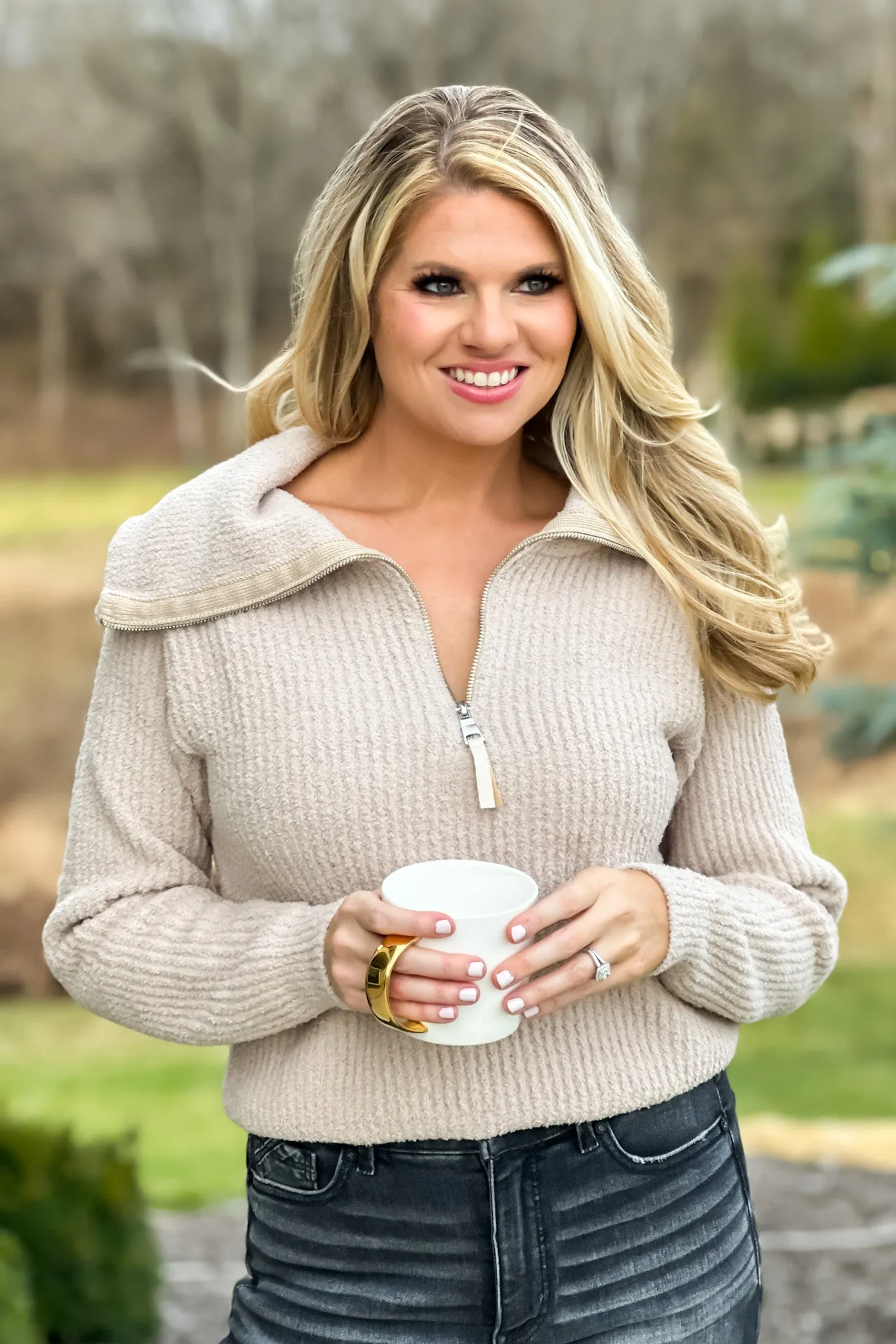 Cozy Up To You Plush Half Zip Pullover : Almond