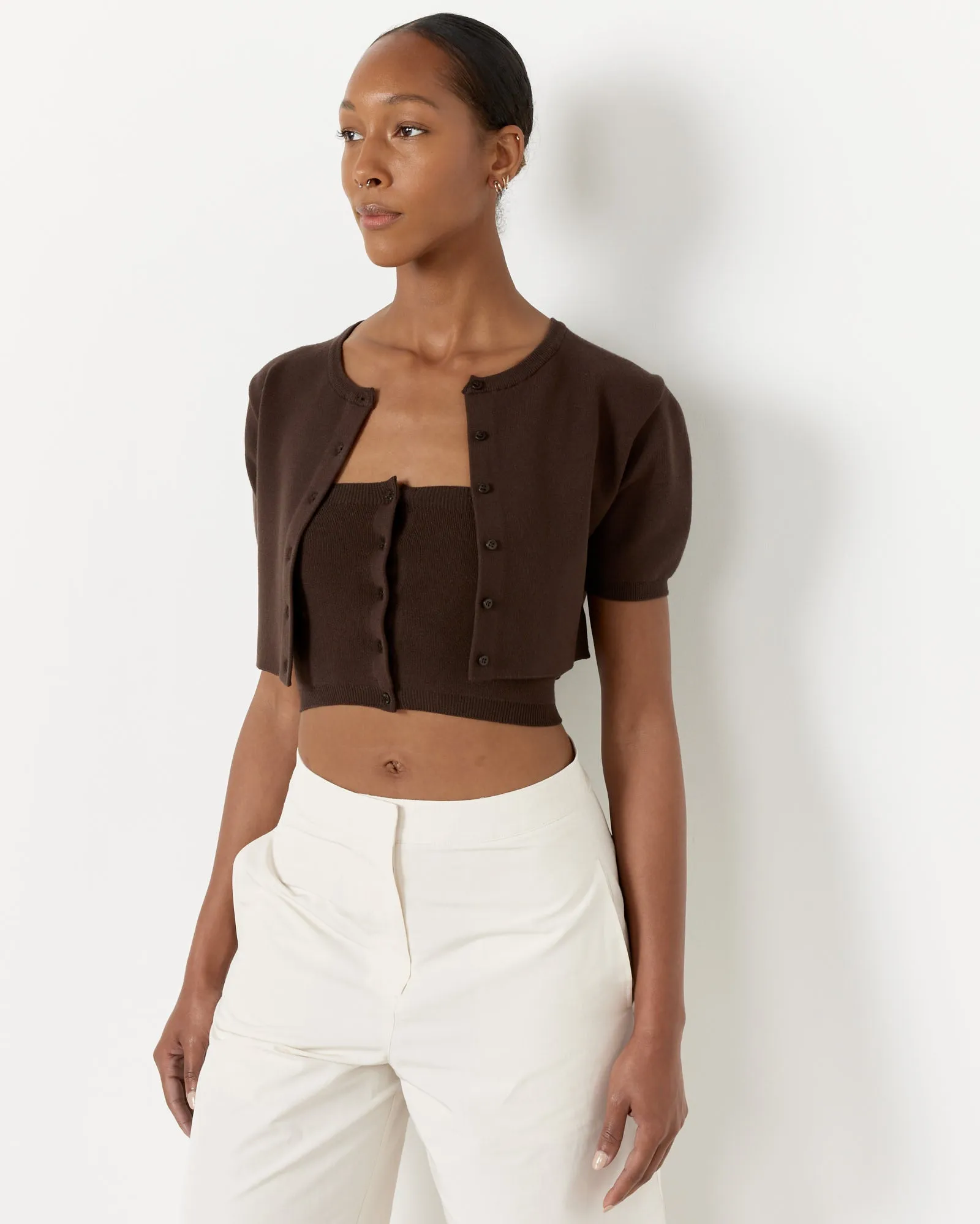 Crop Button Cardigan Set in Dark Brown