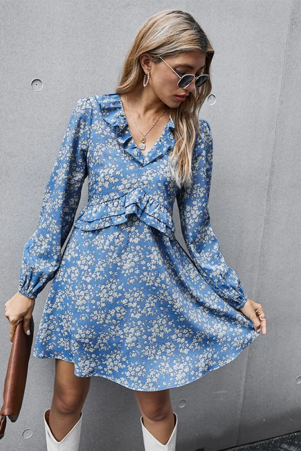 Dainty Floral Ruffled V-Neck Dress