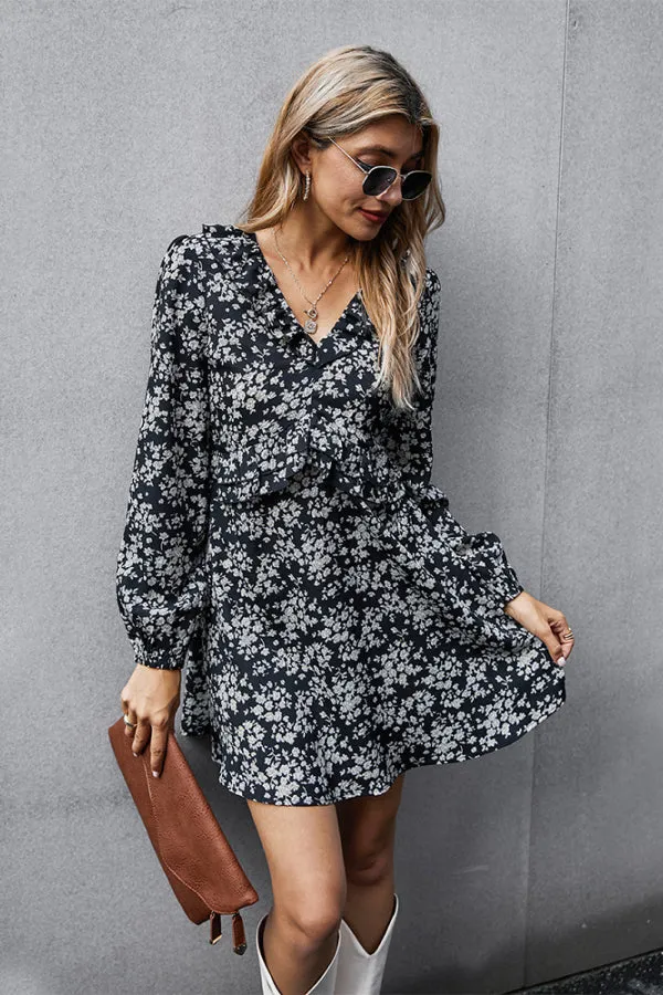 Dainty Floral Ruffled V-Neck Dress