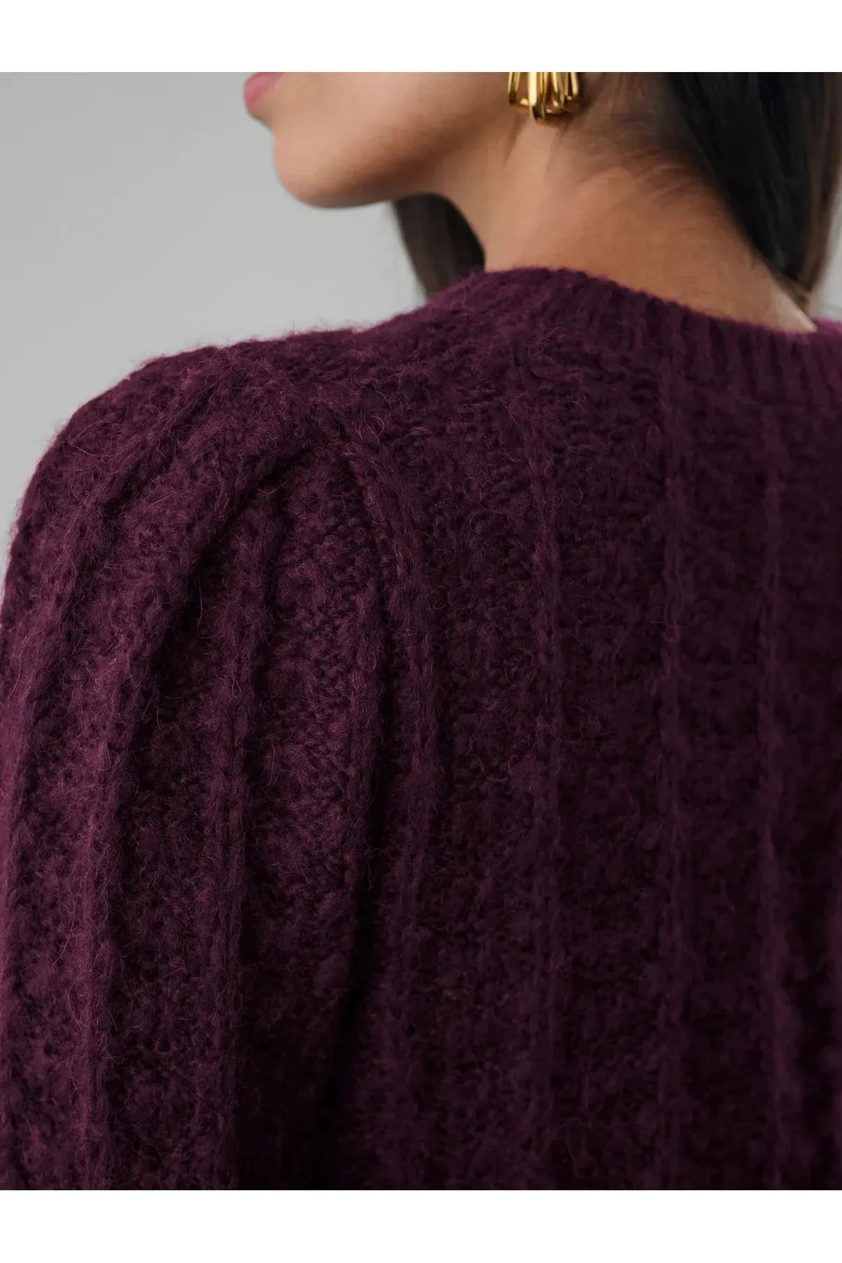 Dark Cherry Alpaca Pointelle Puff Sleeve Sweater