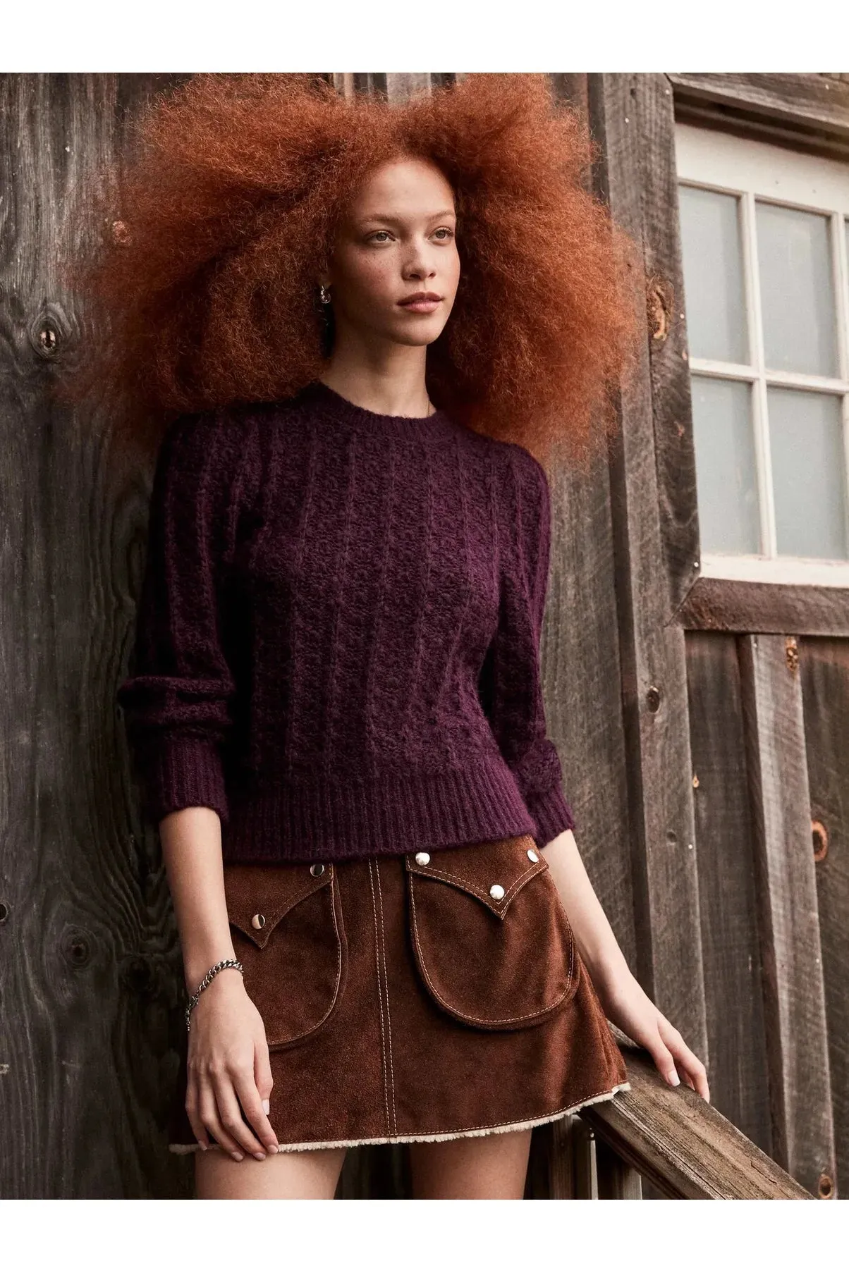 Dark Cherry Alpaca Pointelle Puff Sleeve Sweater