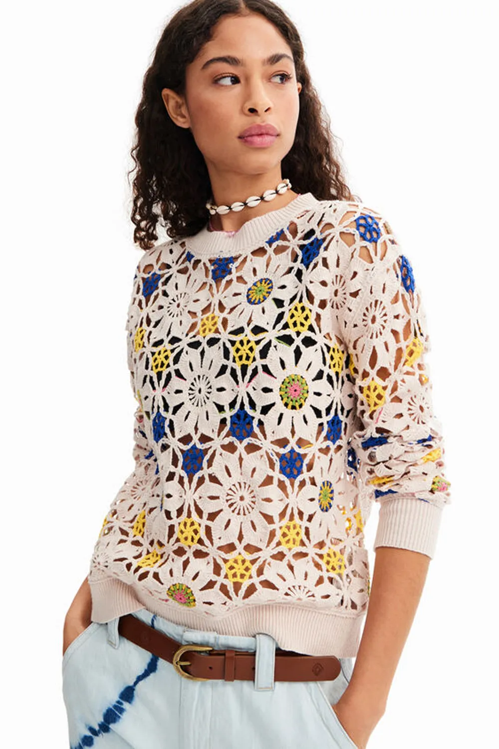 DESIGUAL FLOWER CROCHET PULLOVER