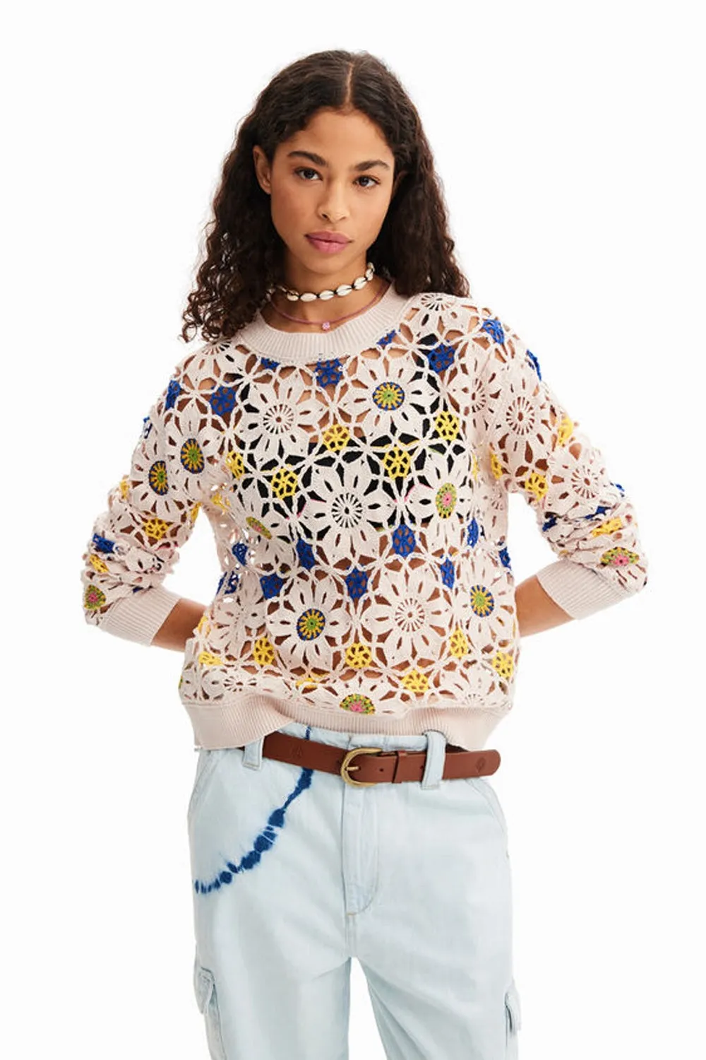 DESIGUAL FLOWER CROCHET PULLOVER