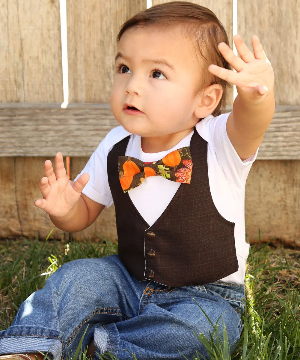 Fall Baby Clothes Boy Brown Suede Vest with Bow Tie Picture Outfit