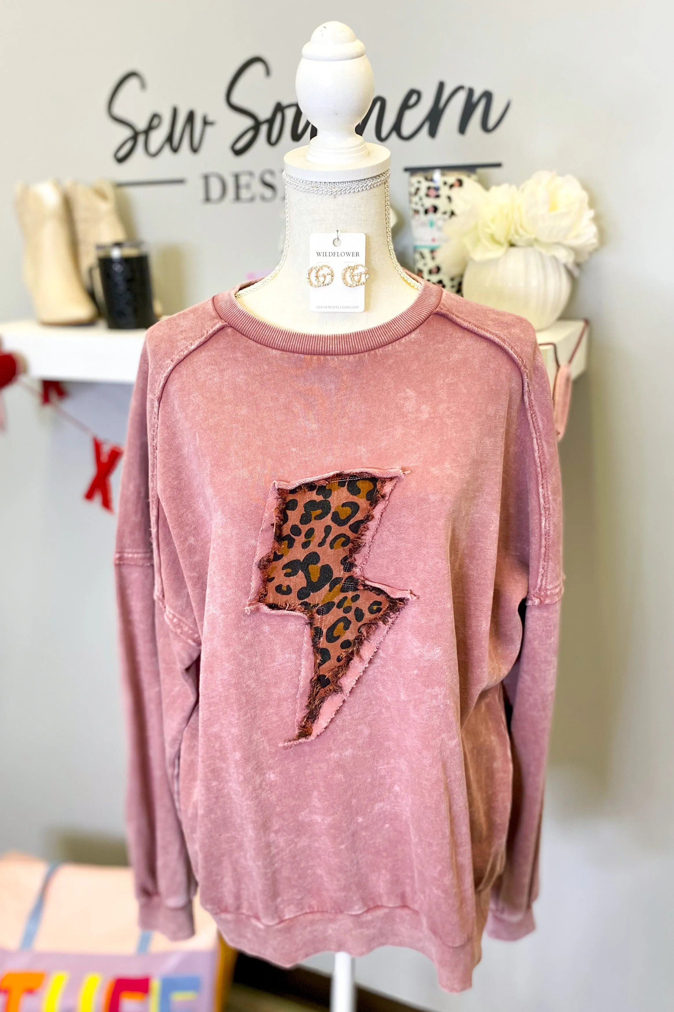 Feeling Edgy Leopard Lightning Bolt Pullover, Faded Plum