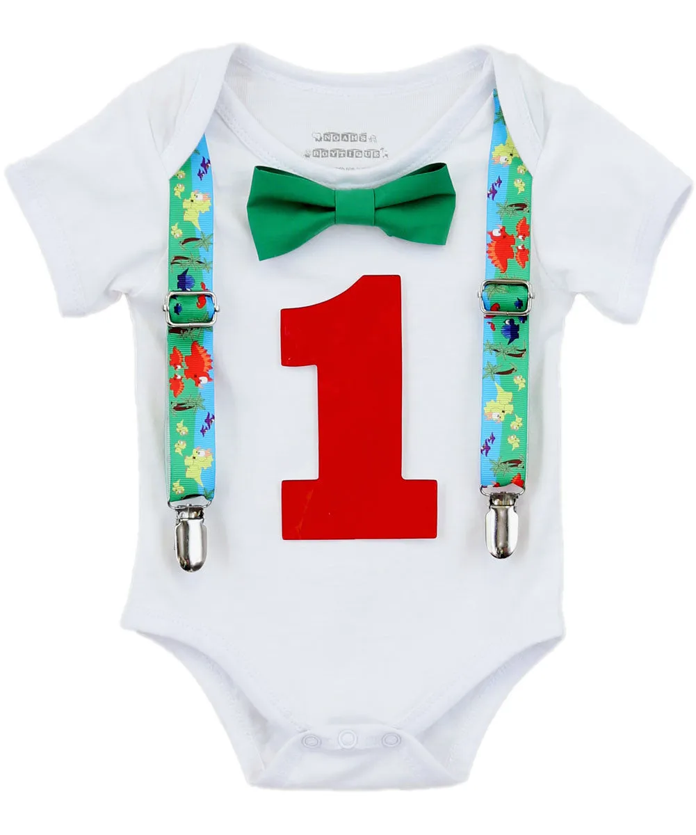 First Birthday Dinosaur Outfit - Shirt - 1st Birthday Boy - Dinosaur Party - Dinosaur Theme - Dinosaur Outfit - Dinosaur Suspenders - Green