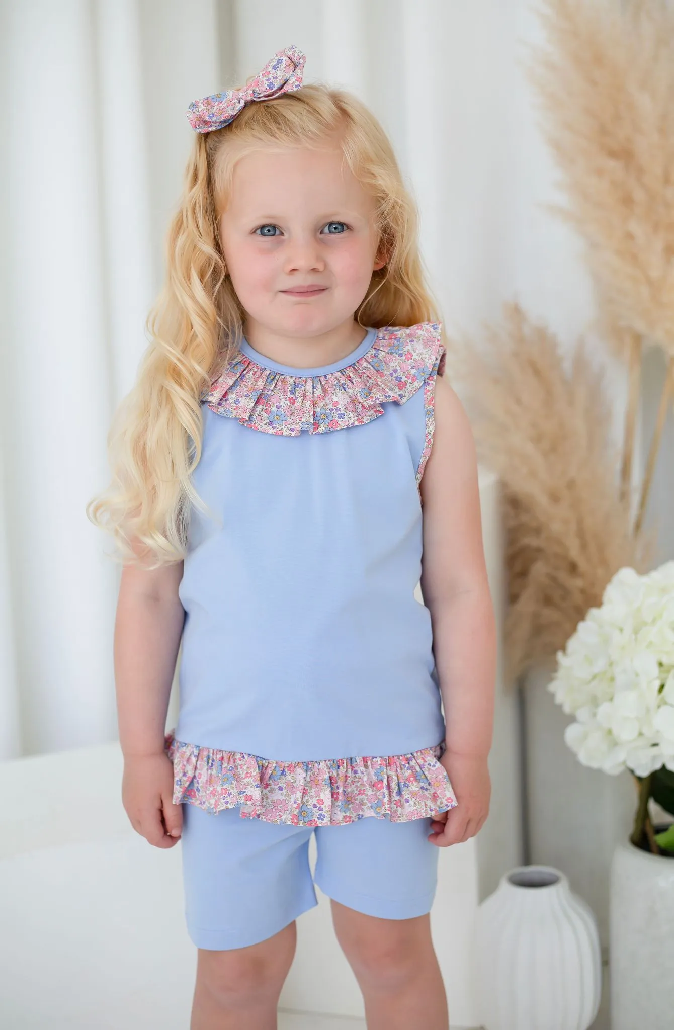 Girls Blue Ditsy Vest and Short Loungewear Set