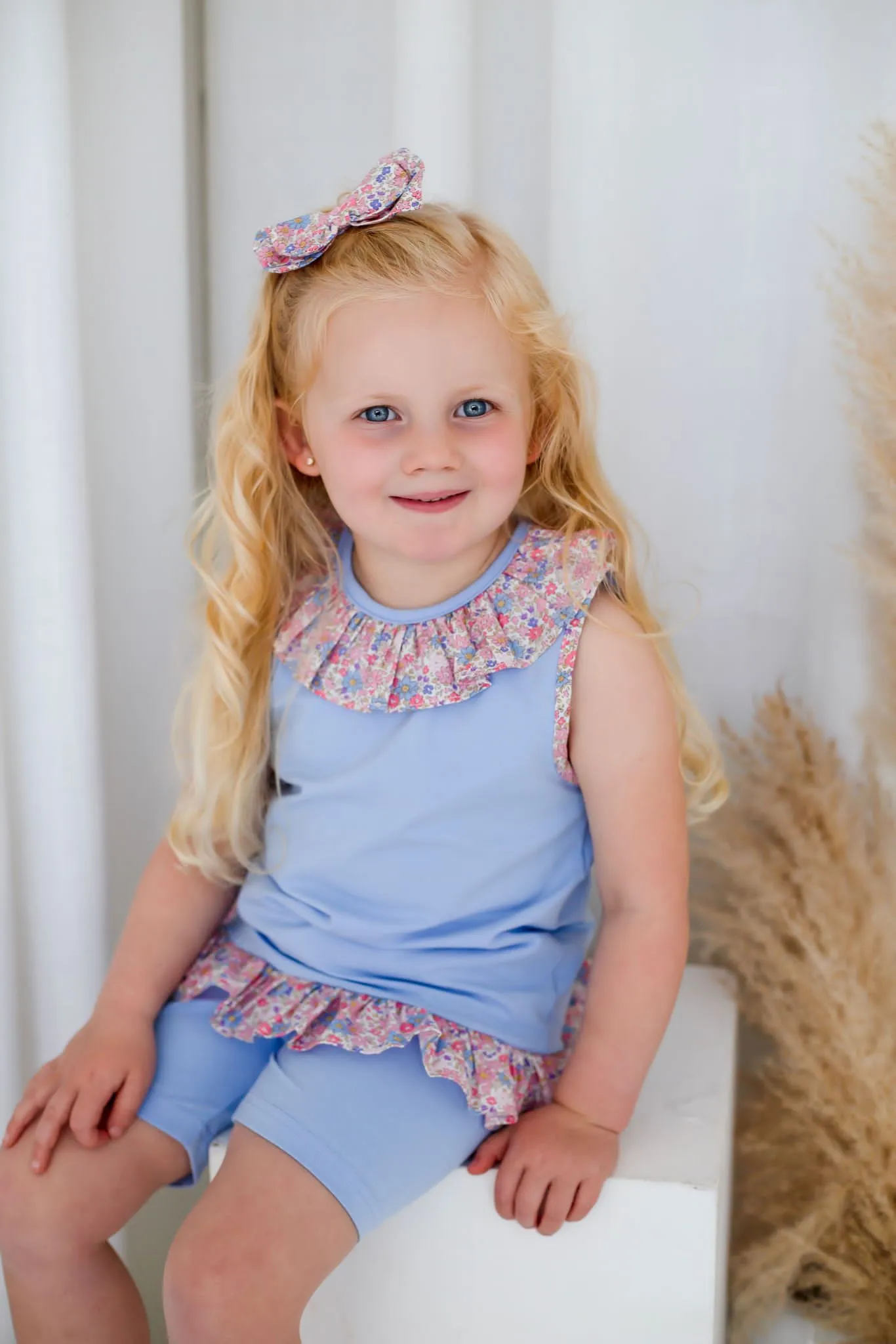 Girls Blue Ditsy Vest and Short Loungewear Set