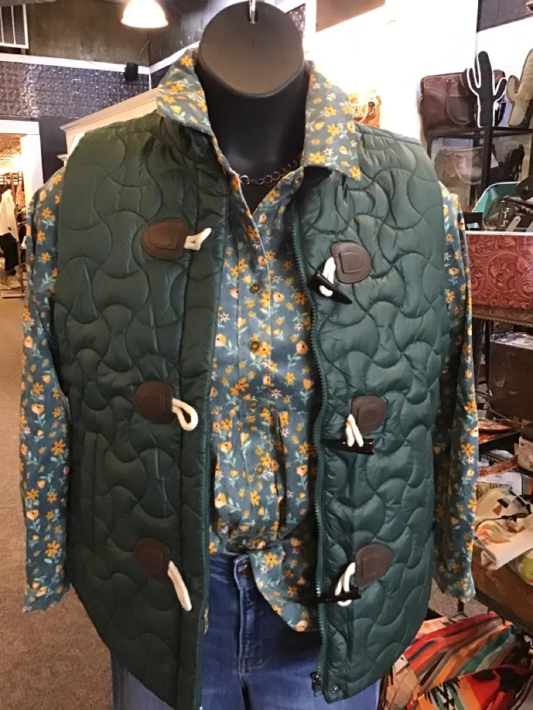 Green Quilted Toggle Button Vest - SML