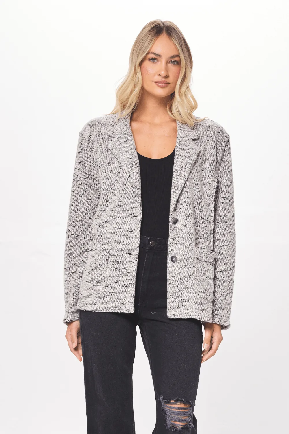 Grey & Black Oversized Textured Knit Blazer