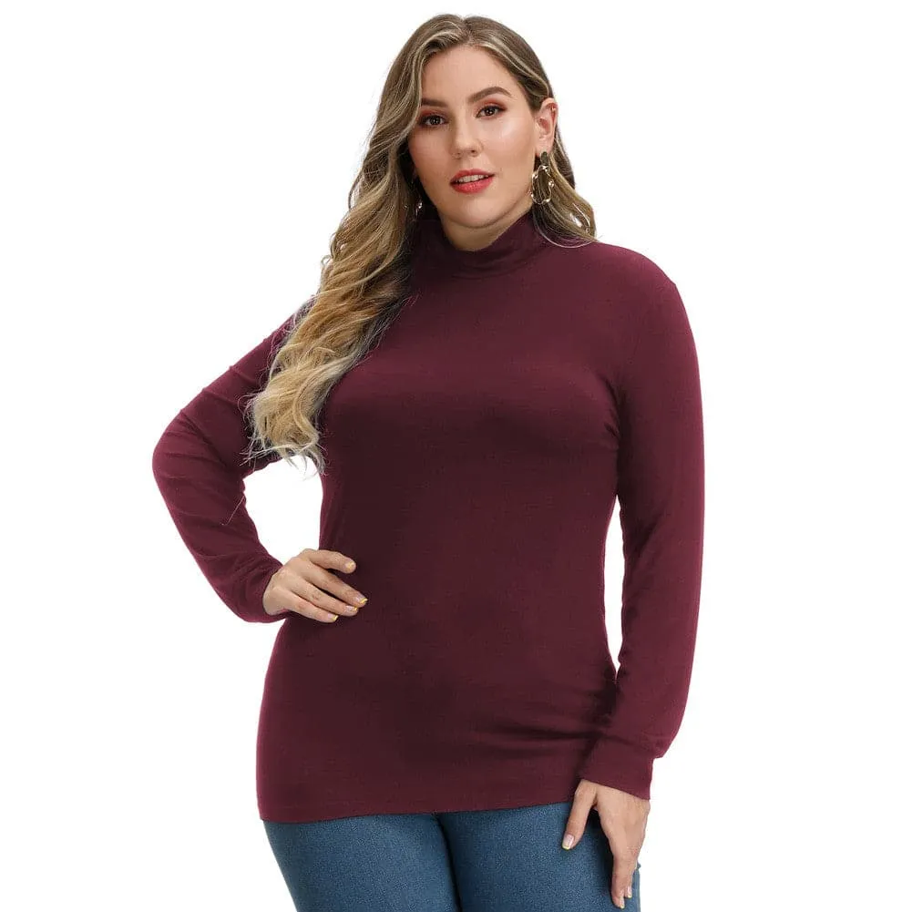 HN Women's Plus Size Comfy Solid Color Long Sleeve Mock Neck Basic Rayon Tops