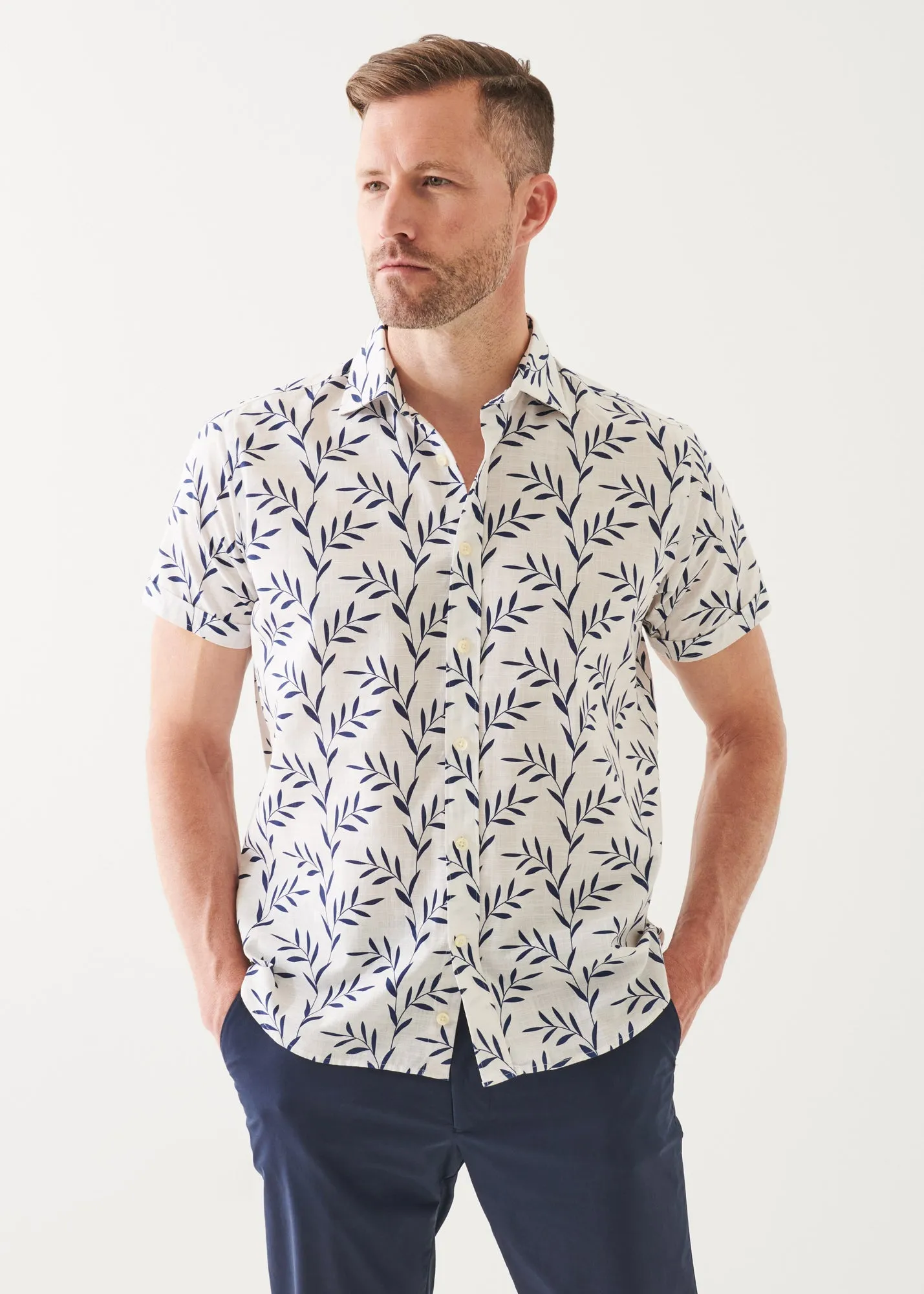 LEAF PRINT COTTON SHORT SLEEVE SHIRT