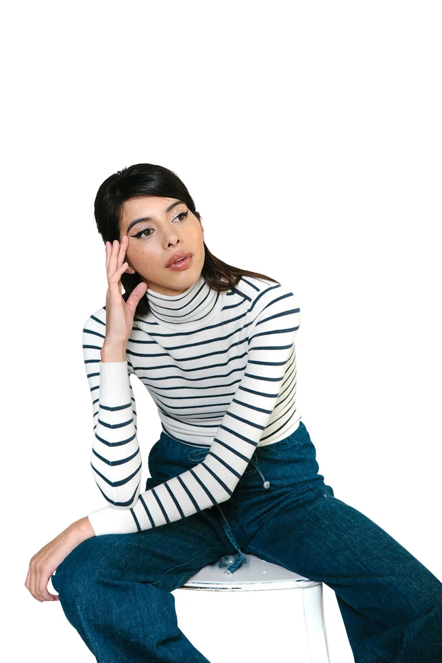 Marine Stripe Peachskin Long Sleeve Turtleneck