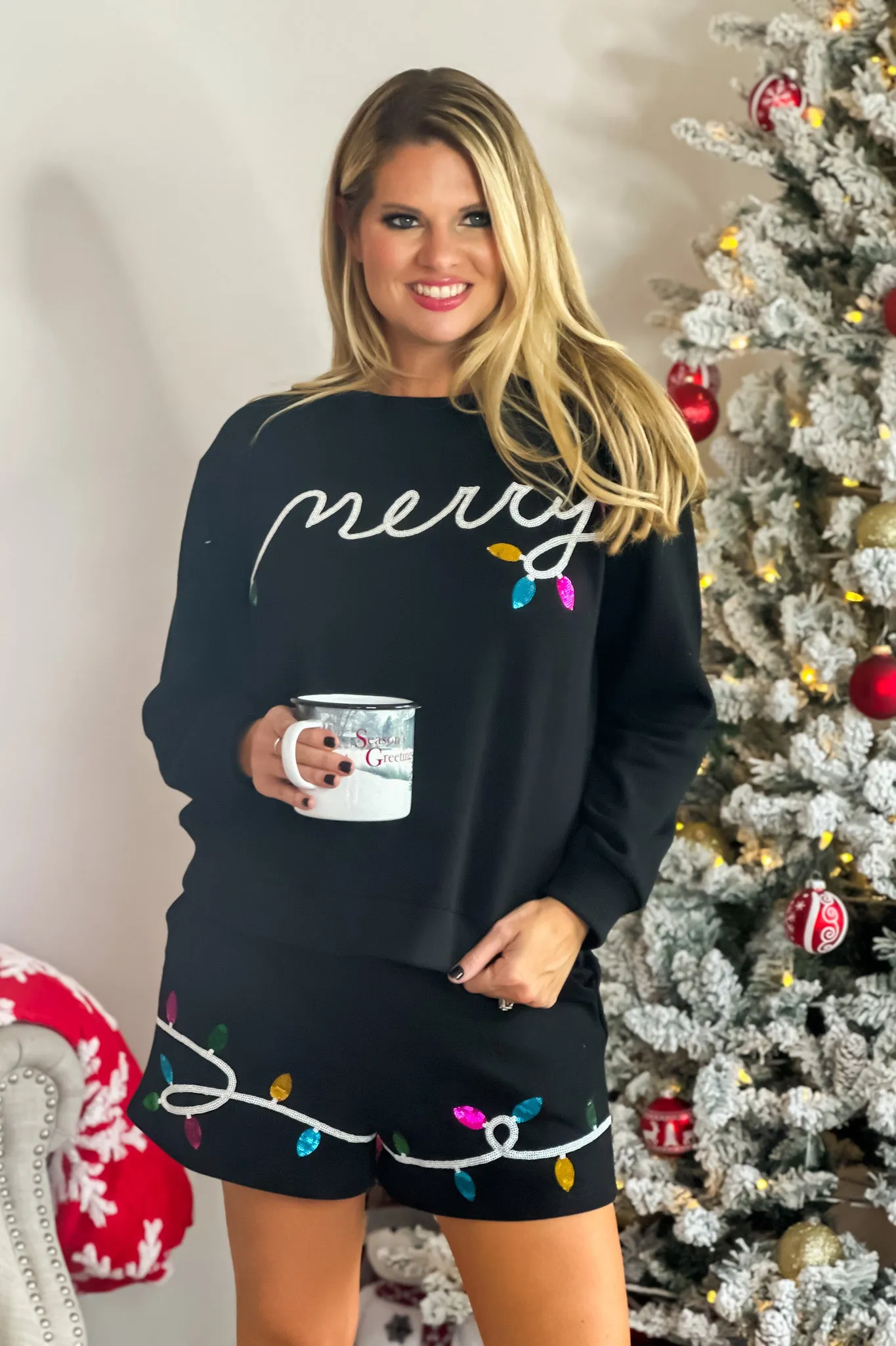 Merry Sequined Lights Pullover/Shorts Fleece Set : Black