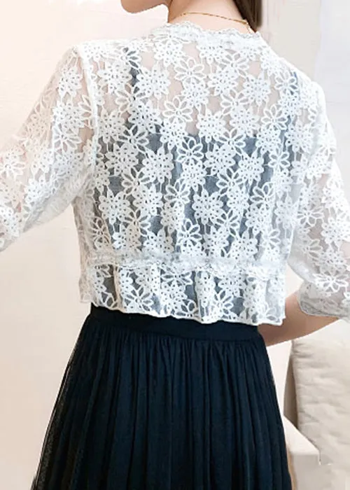 New White V Neck Lace Up Lace Cardigan Half Sleeve AS1028