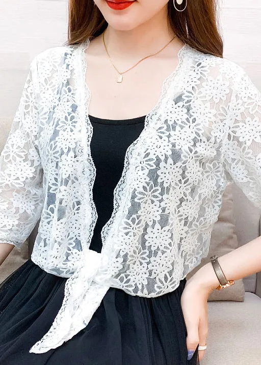 New White V Neck Lace Up Lace Cardigan Half Sleeve AS1028