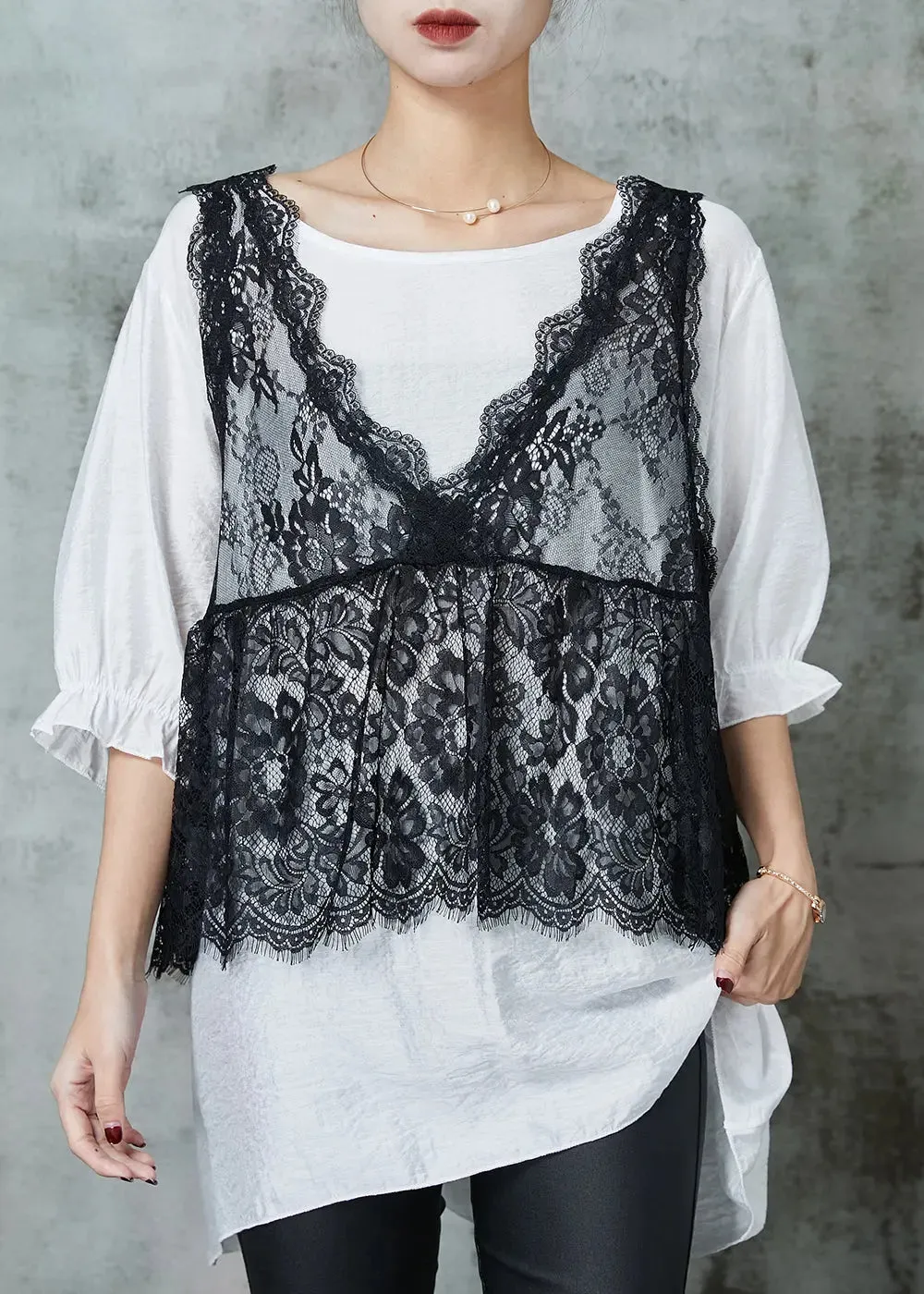 Organic White Oversized Lace Vest And Tanks Two Pieces Set Summer JK1003