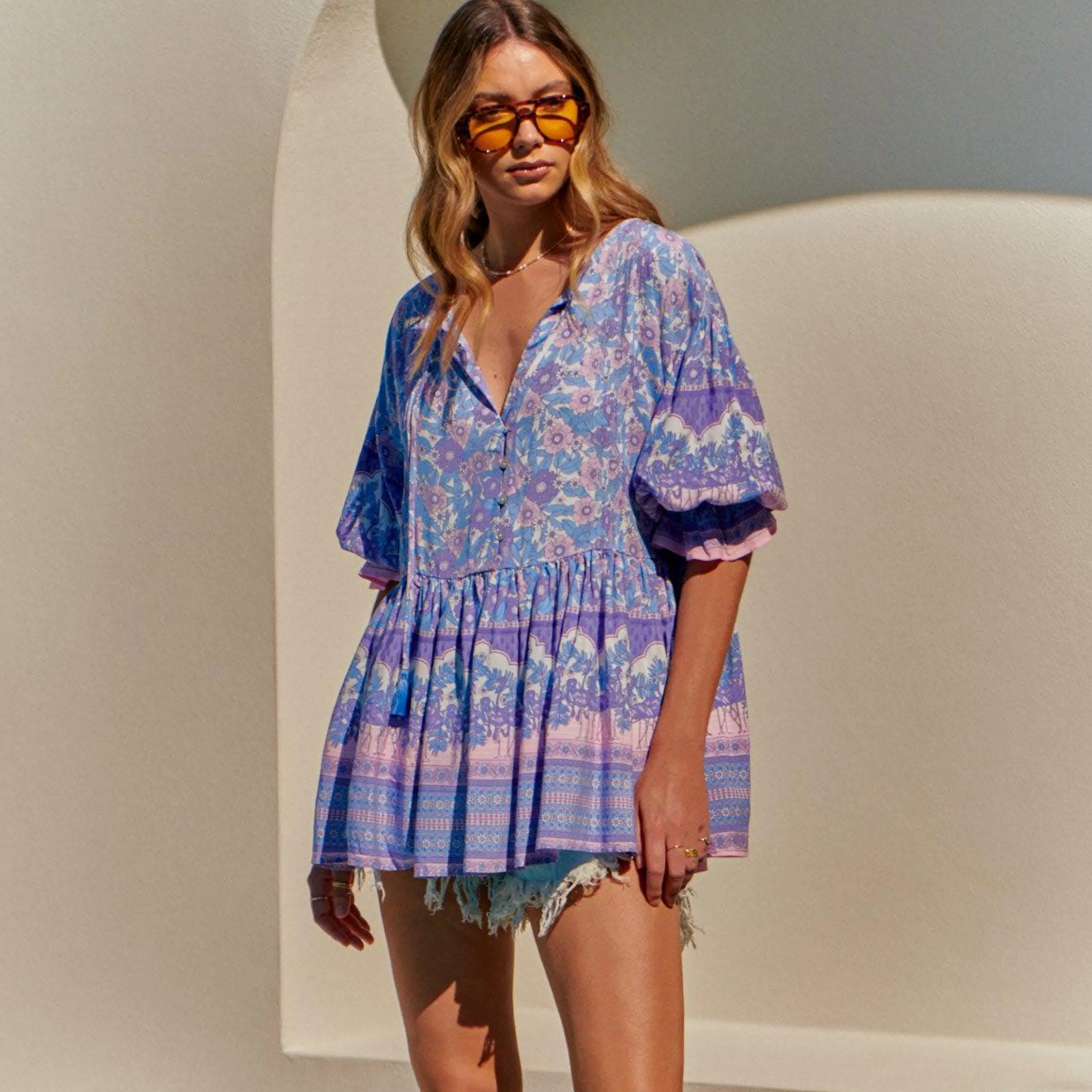 Pia Tunic Top Blue Flamingo Print