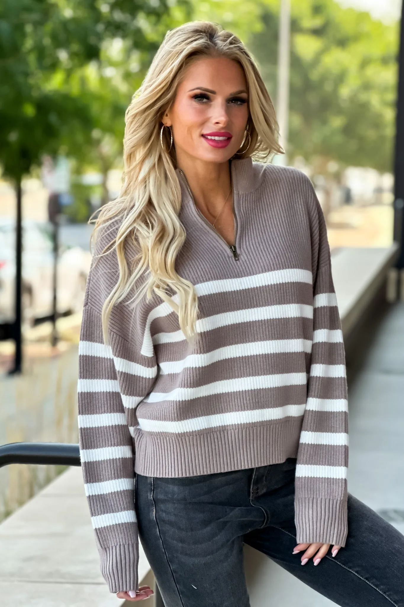 Russell 1/4 Zip Striped Pullover Sweater : Taupe/Ivory