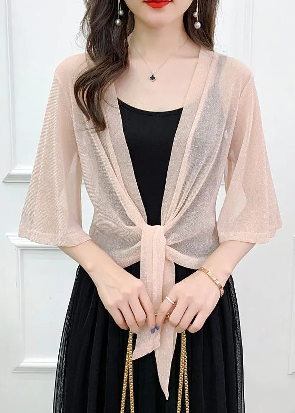 Sexy Pink Bright Silk Lace Up Tulle Cardigan Summer AS1019