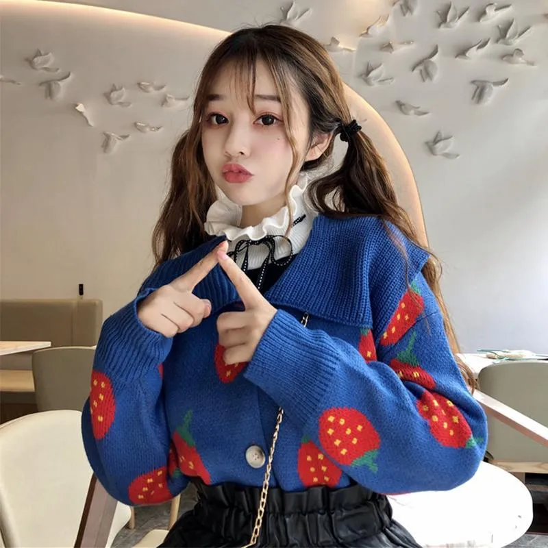 Strawberry Printed Turtleneck Cardigan