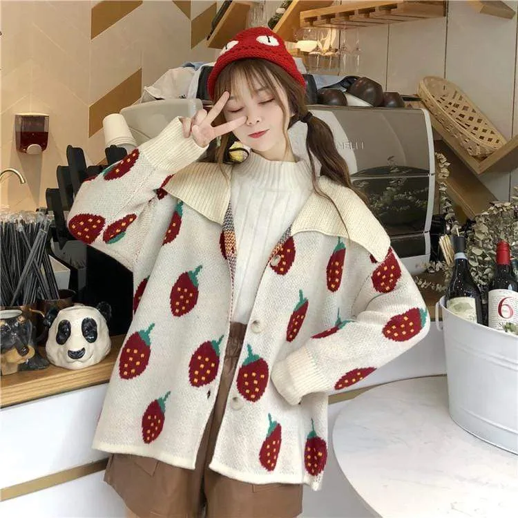 Strawberry Printed Turtleneck Cardigan