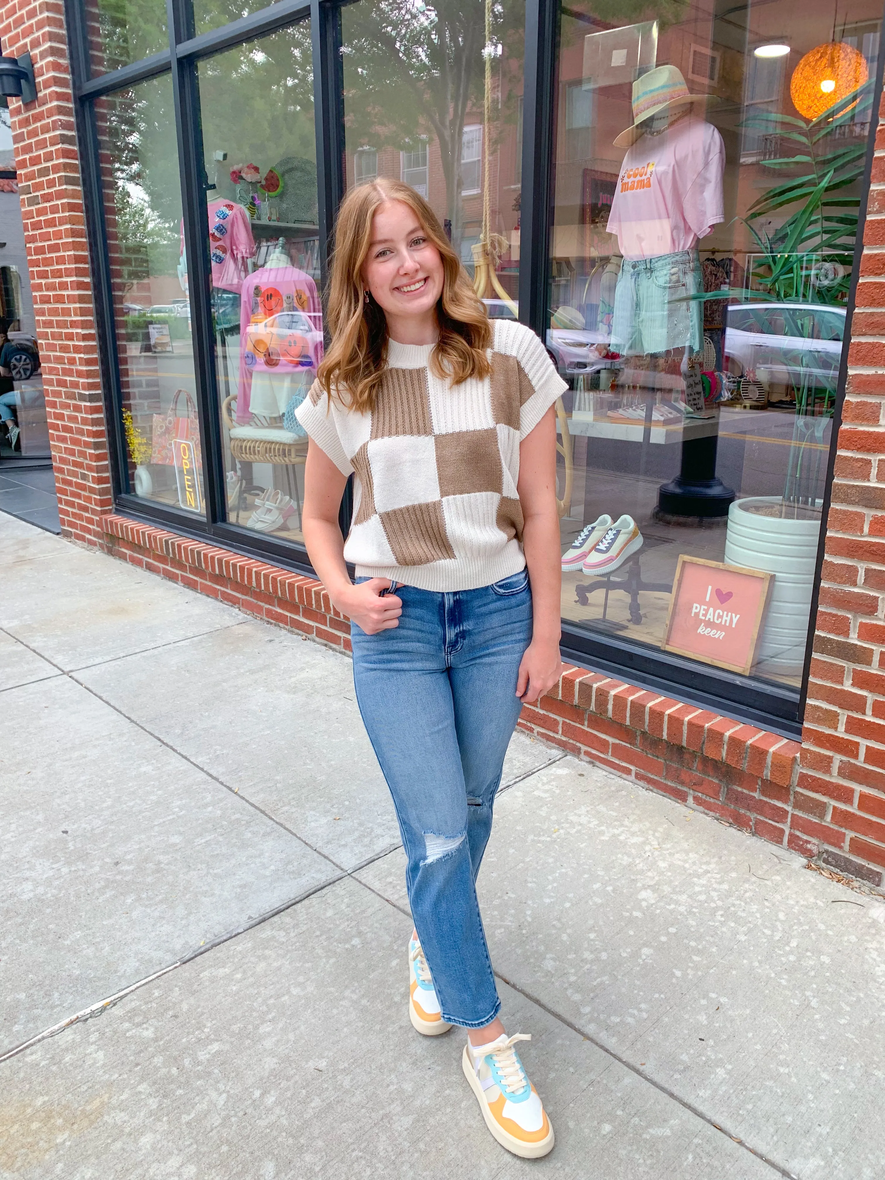 Taylor Coffee Checkered Sweater Top