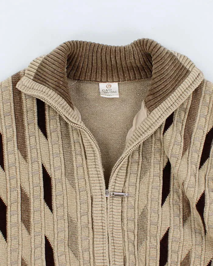 Vintage Men's Cream Zip Up Patterned Cardigan - XL